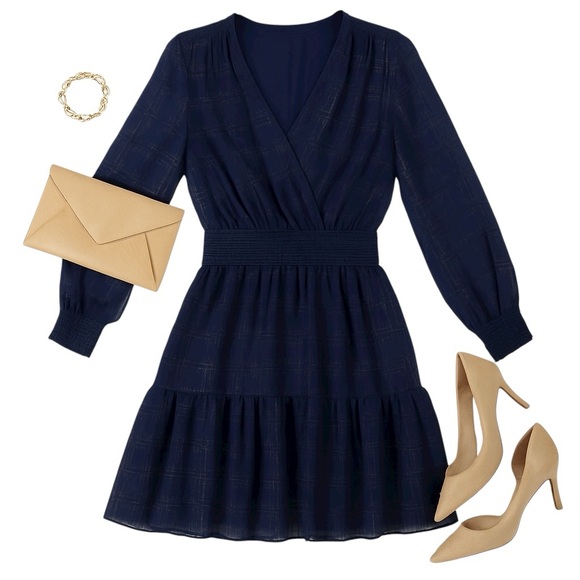 Michael Kors Metallic Navy Plaid Fil Coupe Faux Wrap Long Sleeve Dress L in EUC - Picture 1 of 12